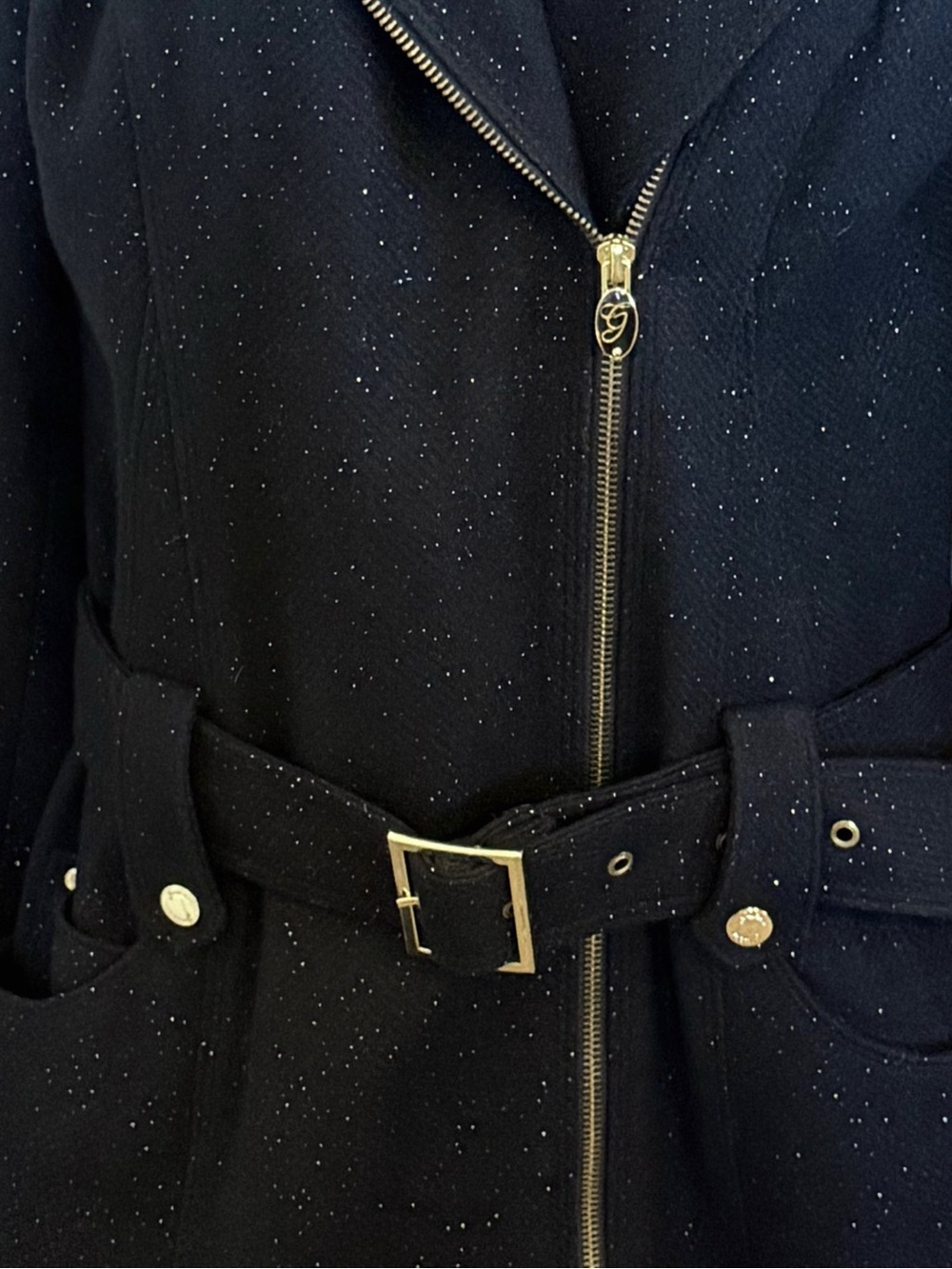 GUESS Black Wool Blend Coat XS Gold Shimmer Sparkle Moto Trench Belted Zip - Picture 8 of 14